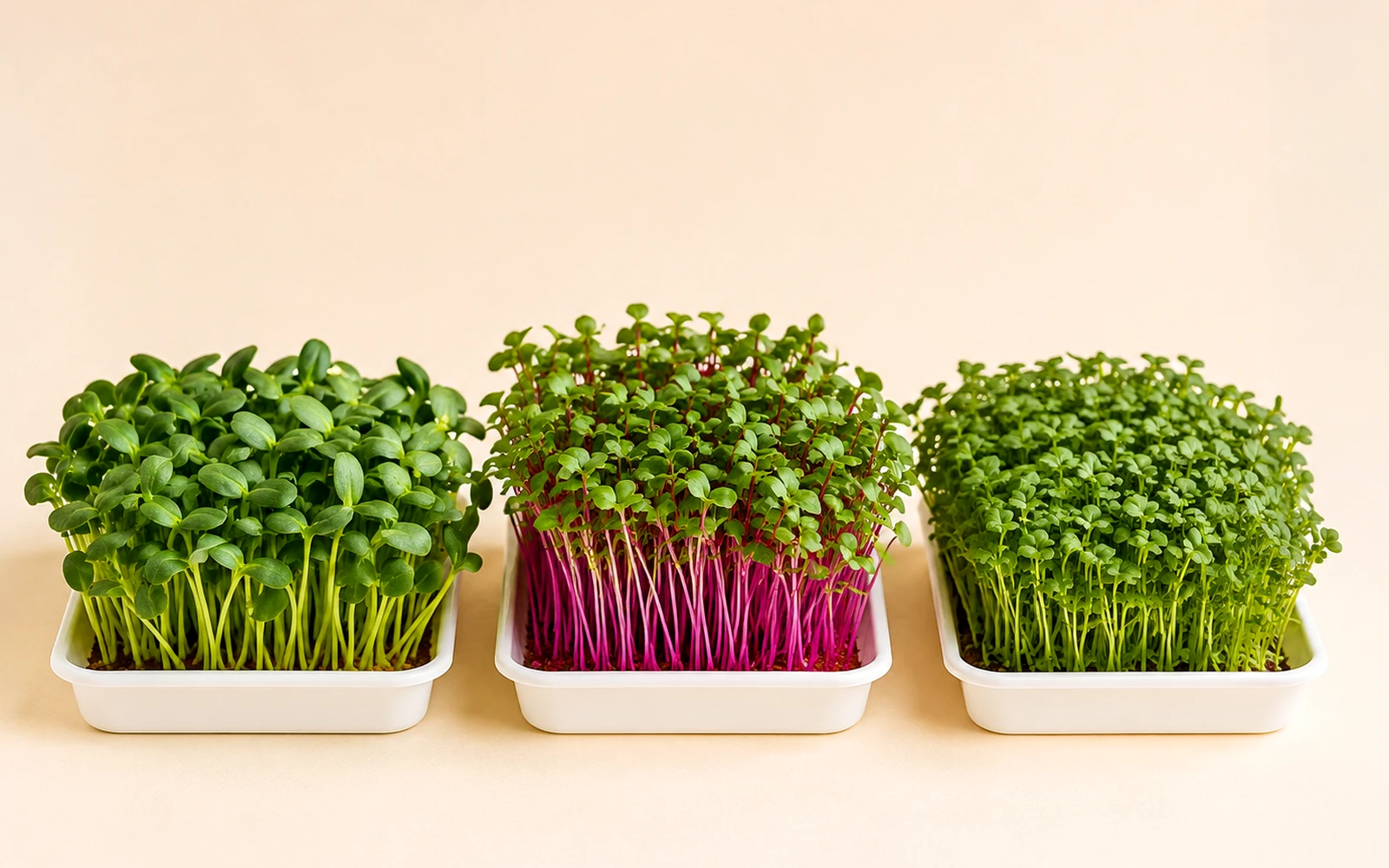 A selection of living rooted microgreen bowls